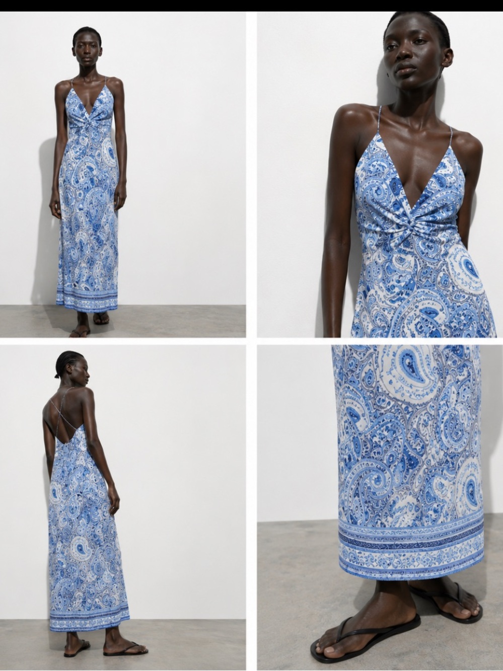 Zara blue white greek‎ tile print paisley coastal linen maxi dress euro summer S - Picture 10 of 10